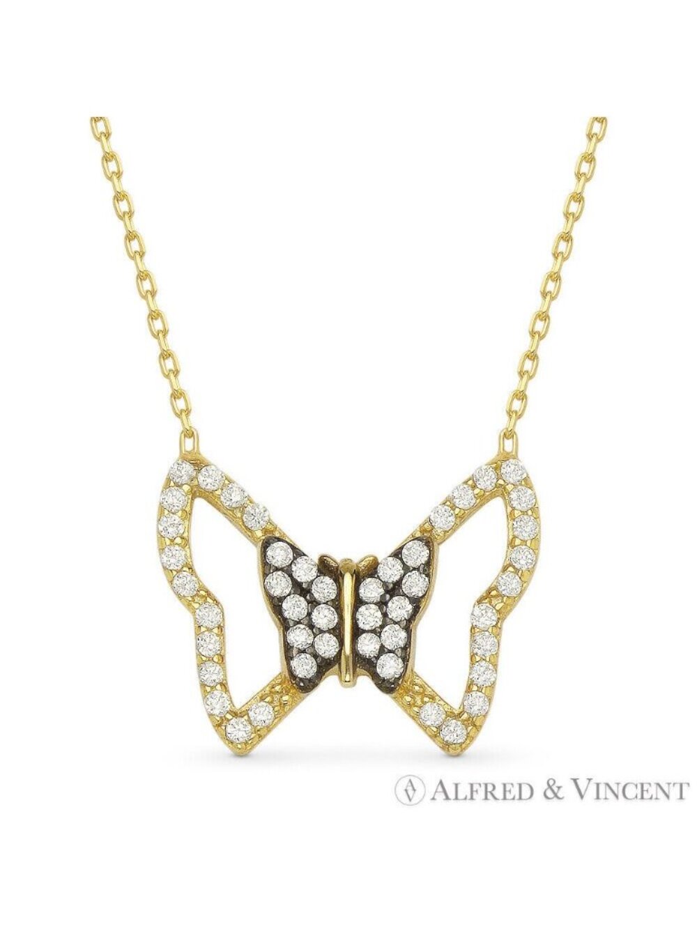 Butterfly Charm CZ Crystal Pendant in .925 Sterling Silver w/ 18k Yellow Gold
